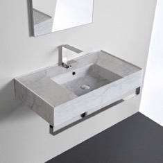 Marble Design Ceramic Wall Mounted Sink With Counter Space, Towel Bar Included